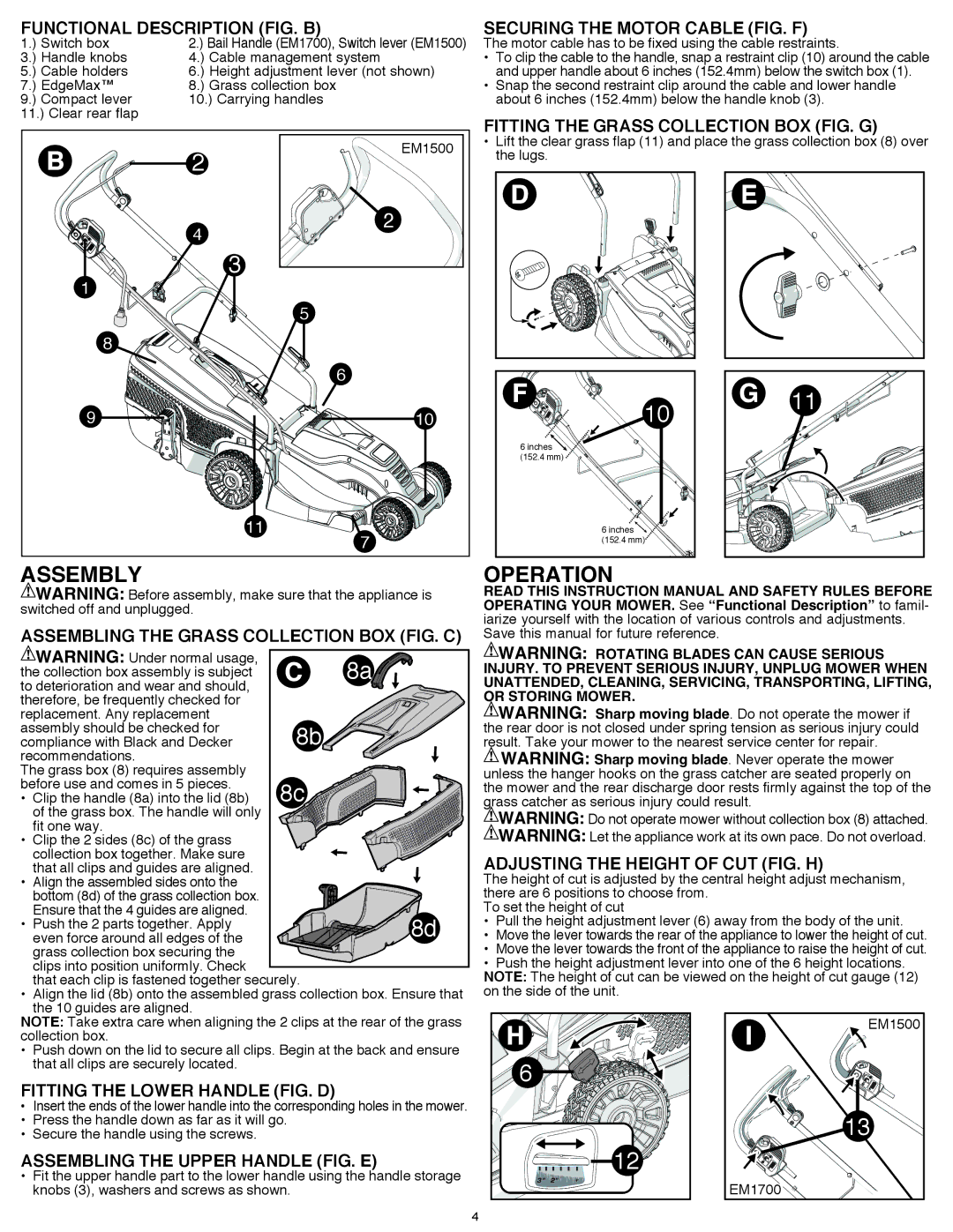 Black & Decker EM1700, EM1500 instruction manual Functional Description Fig. B 